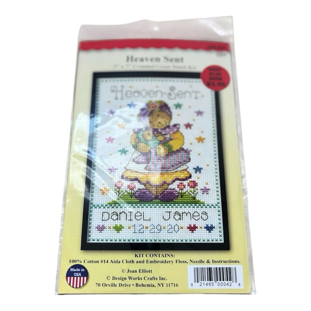 Design Works HEAVEN SENT Counted Cross Stitch Kit 5" x 7" Teddy Bear Mom & Baby